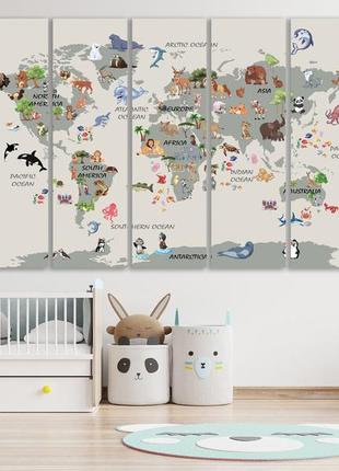 Детская карта мира с животными, печать на холсте, карта мира картина