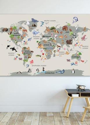 Детская карта мира с животными, печать на холсте, карта мира картина