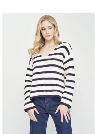 Пуловер h&m 0657925-8 s белый в полоску свитер кофта