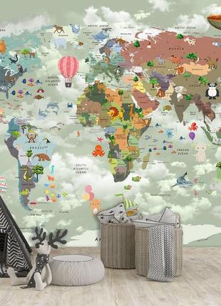 Флізелінові фотошпалери 3д на стіну "дитяча карта світу" , шпалери з малюнком для дитячої кімнати (wmk-010)