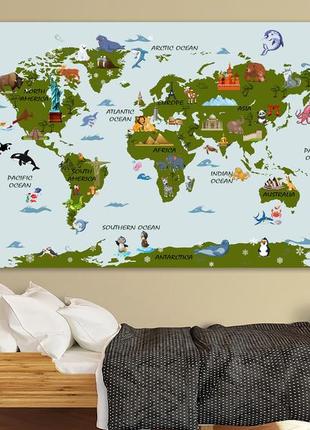 Детская карта мира на холсте, декор в детскую комнату