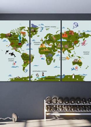 Детская карта мира на холсте, декор в детскую комнату