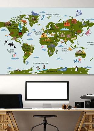 Детская карта мира на холсте, декор в детскую комнату