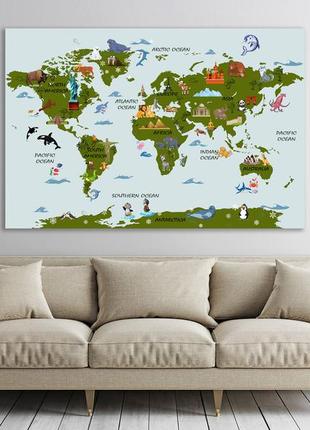 Детская карта мира на холсте, декор в детскую комнату