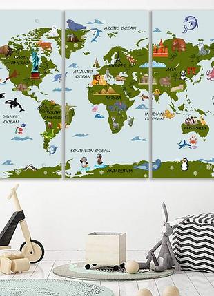 Детская карта мира на холсте, декор в детскую комнату
