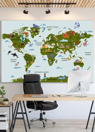 Детская карта мира на холсте, декор в детскую комнату