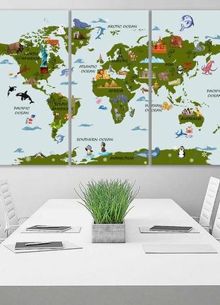 Детская карта мира на холсте, декор в детскую комнату