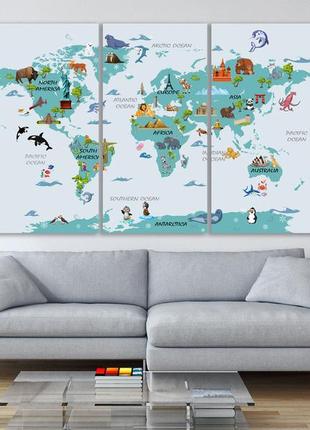 Детская карта мира на стену на холсте, декор для комнаты подростка