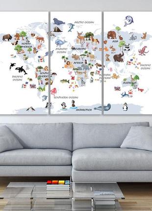 Картина печать на холсте детская "карта мира" с животными, декор на стену в детскую комнату