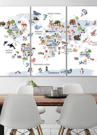 Картина печать на холсте детская "карта мира" с животными, декор на стену в детскую комнату