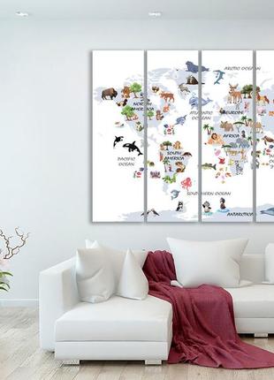 Картина печать на холсте детская "карта мира" с животными, декор на стену в детскую комнату