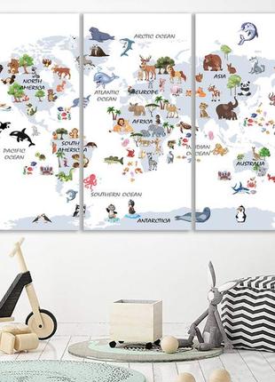 Картина печать на холсте детская "карта мира" с животными, декор на стену в детскую комнату