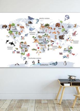 Картина печать на холсте детская "карта мира" с животными, декор на стену в детскую комнату
