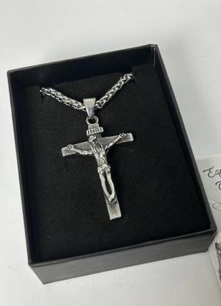 Хрест православний на ланцюжку колосок з нержавіючої сталі в подарунковій коробці