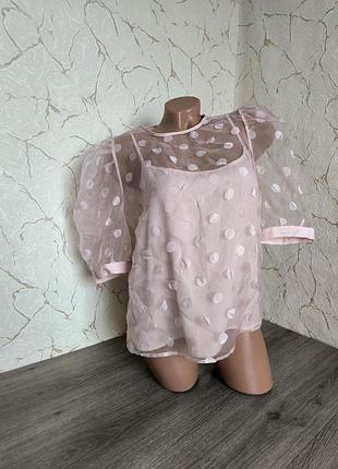 Блуза блузка розовая в горох органза,46-48