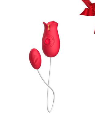 Вибратор вагинально клиторальный с вакуумной стимуляцией и вибро flower love egg, красный  bs561036