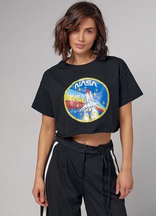 Укороченая женская футболка с принтом nasa