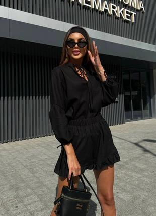 Жіночий літній чорний костюм костюмчик на зав'язках в стилі зара zara сорочка шорти льон літо