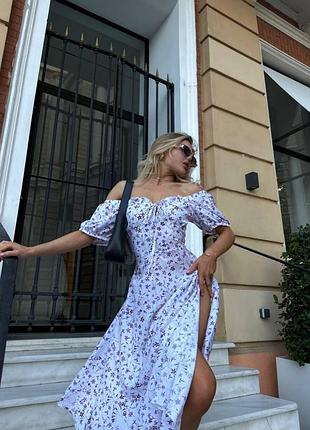 Сукня плаття міді в квіточку з рукавами ліхтариками на гумці з відкритими плечима приталена корсетна а силуету селянка біле чорне блакитне зелене8 фото