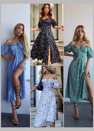 Сукня плаття міді в квіточку з рукавами ліхтариками на гумці з відкритими плечима приталена корсетна а силуету селянка біле чорне блакитне зелене2 фото