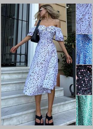 Сукня плаття міді в квіточку з рукавами ліхтариками на гумці з відкритими плечима приталена корсетна а силуету селянка біле чорне блакитне зелене