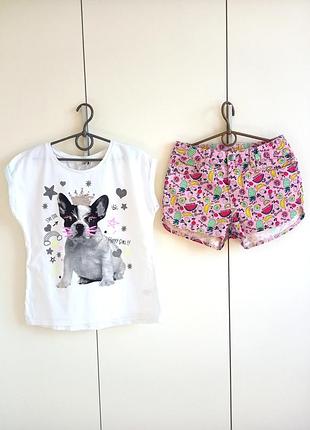 Набор летний костюм для девочки 11-12 лет стрейчевые джинсовые шорты и белая футболка мопс