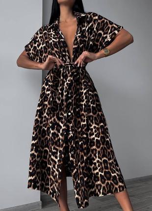 Сукня леопардова зі штапеля жіноча сукня - сорочка міді штапель принт лео чорна коричнева...