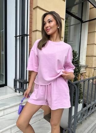 100% бавовна ♥️ костюм в стилі zara футболка+шорти, жіночий літній костюм із натуральної тканини/ мод 442