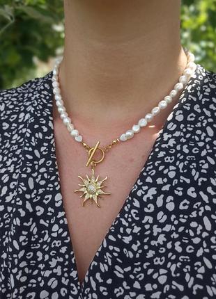 Ожерелье из натуральных жемчуга, подвеска солнце