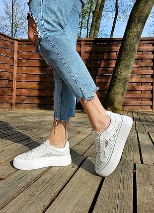 Кеди жіночі натуральна шкіра перфорація білі