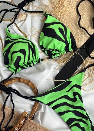 Яркий женский купальник раздельный принт зебра лиф шторка трусики плавки на завязках