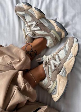 Женские кроссовки в стиле new balance 9060 Сенсел беленс / демисезонные / весенние, летние, осенние / замша, кожа, текстиль / бежевые, серые, черные, белые
