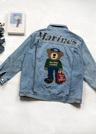 Стильный джинсовый oversized жакет mochy c модными патчами и шикарным фактурным teddy мишкой5 фото