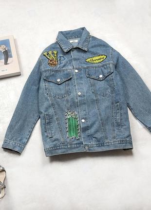 Стильный джинсовый oversized жакет mochy c модными патчами и шикарным фактурным teddy мишкой