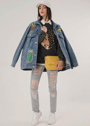 Стильный джинсовый oversized жакет mochy c модными патчами и шикарным фактурным teddy мишкой4 фото