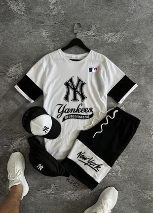 Чоловічий спортивний комплект new york yankees ☀️ на літо-весну у біло-чорному кольорі premium якості, стильний та зручний костюм на кожен день