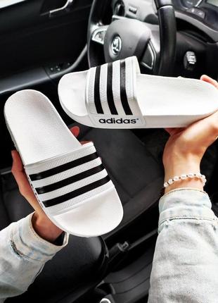 Шльопанці adidas білі (жіночі/чоловічі) шльопки адідас шкіра шкіряні літні адідас білі з чорним відмінна якість