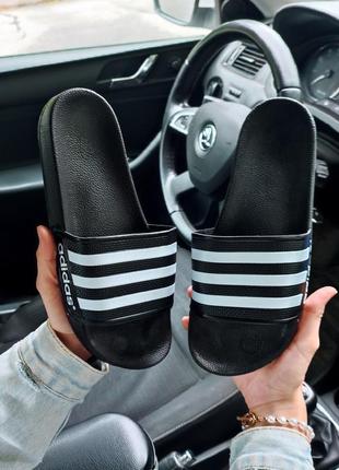 Чоловічі шльопанці adidas чорні з білим шкіряні шкіра відмінна якість весняні літні адідас шльопки шлепки