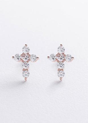 Серьги - пусеты "крестики" в красном золоте 
(фианиты) с09048