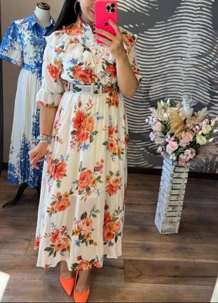 Накладний платіж ❤ святкова шифонова сукня максі з поясом в квітковий принт