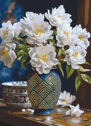 Картина за номерами білі квіти у вазі з фарбами металік золото 50*60 см орігамі lw 31350