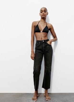 Джинсы прямые трубы палаццо черные с необработанным низом вареные flare Шльопки waist cropped length 34