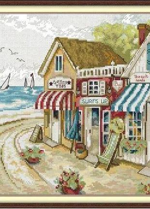 Набор для вышивания по нанесённой на канву схеме "shop by the sea". aida 14ct printed 34*34 см