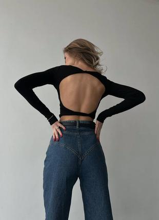 Топ с открытой спиной кроп-топ черный женский с длинными рукавами лонгслив укороченный...