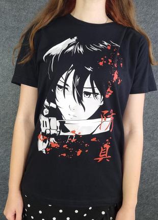 Футболка з бавовни чорна розміру m з малюнком мікаси з аніме attack on titan (атака на титанів) унісекс