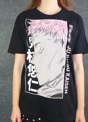 Футболка з бавовни чорна розміру l з малюнком з аніме jujutsu kaisen (магічна битва) з ітодорі унісекс