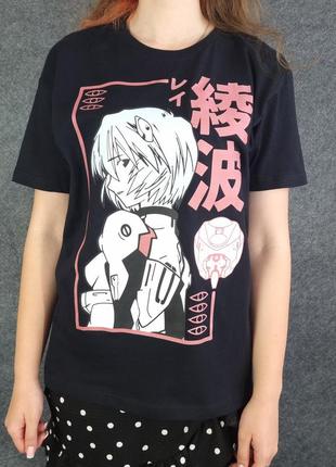 Футболка з бавовни чорна розміру s з малюнком аянамі рей з аніме evangelion (євангеліон) унісекс