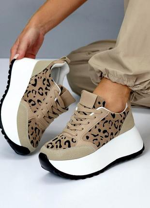 Бежеві моко леопардові жіночі кросівки кеди на високій підошві потовщеній кросівки на платформі5 фото