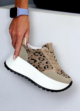 Бежеві моко леопардові жіночі кросівки кеди на високій підошві потовщеній кросівки на платформі4 фото