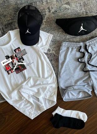 Мужской летний костюм jordan футболка + шорты + кепка + барсетка + носки в подарок белый комплект джордан (b)